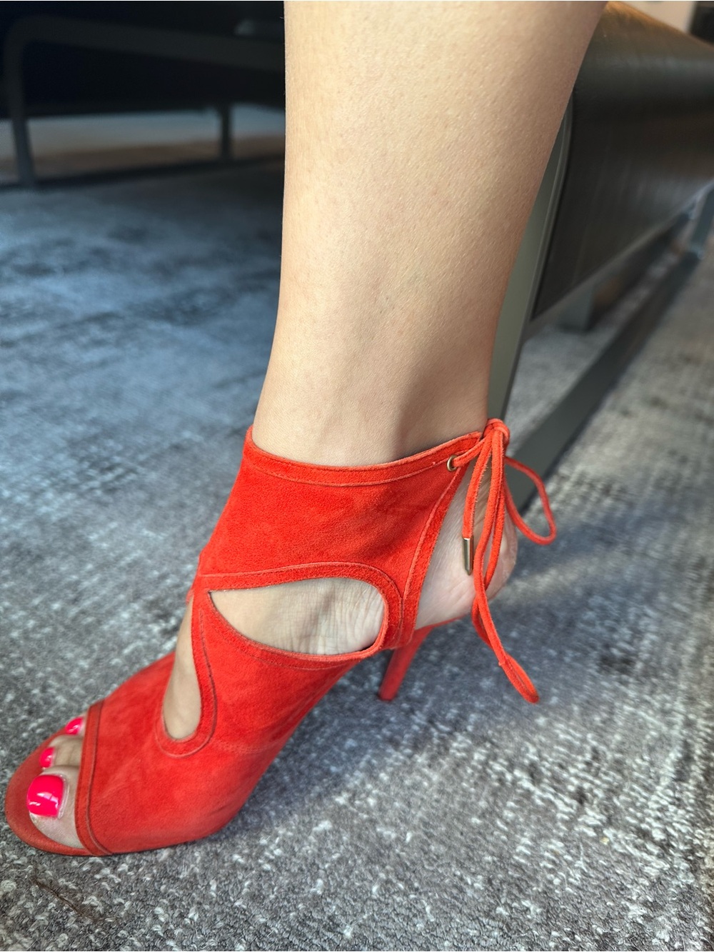 Aquazzura Red Suede Lace-Up Peep Toe Heels - Picture 8 of 8